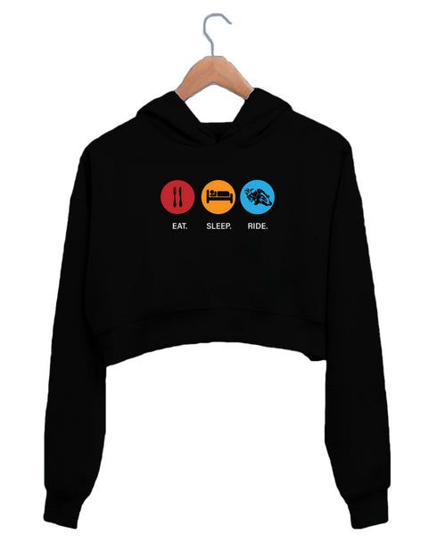 Quirkipedia Eat Sleep Ride TRAVEL Wanderlust, Biker Womens Crop Hoodies